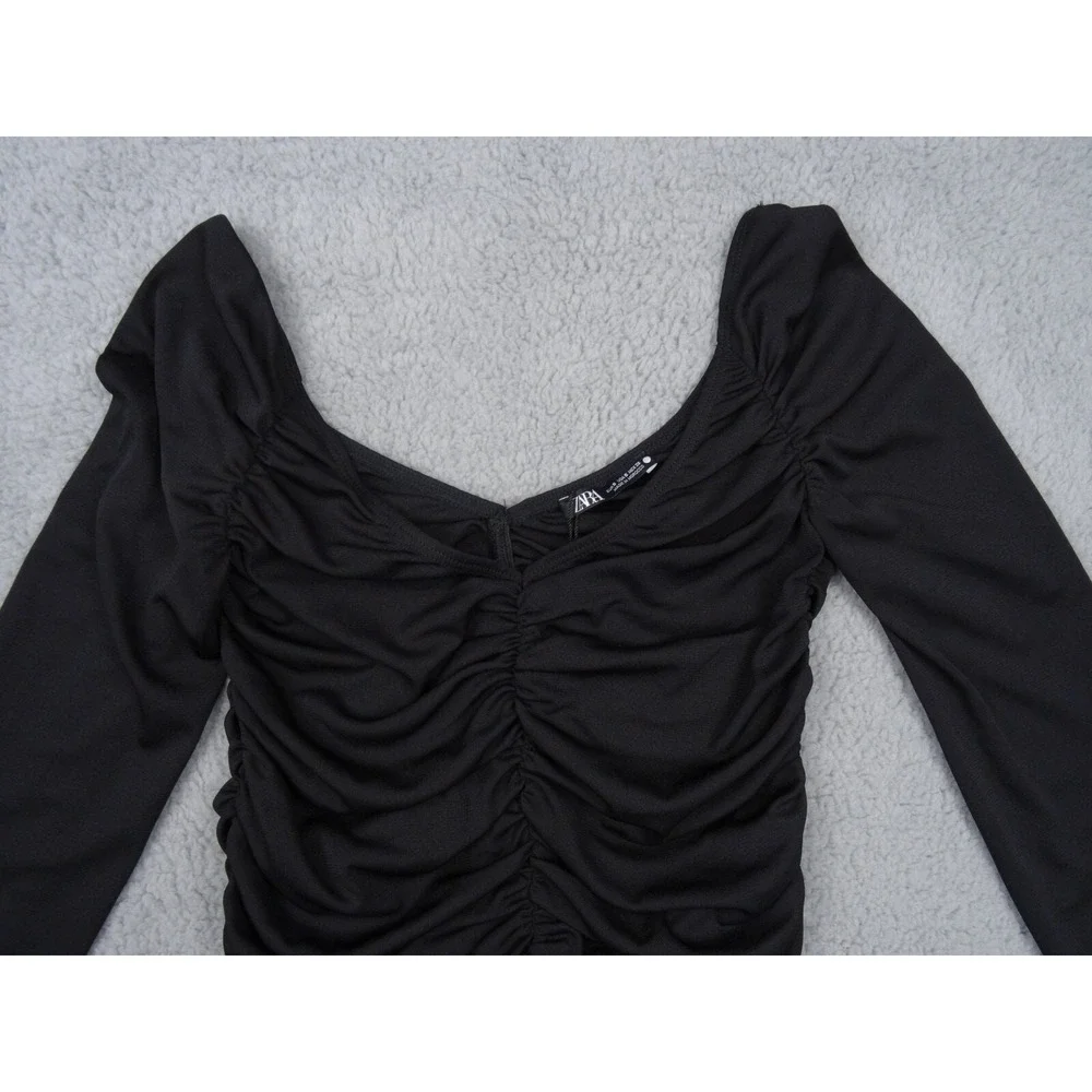 Zara Womens Top Size Small Black Ruched Front Back Long Sleeve Double V-Neck NWT
